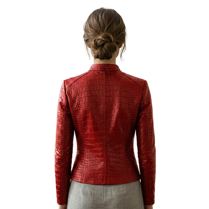  Back view of statement red crocodile leather motorcycle jacket for women