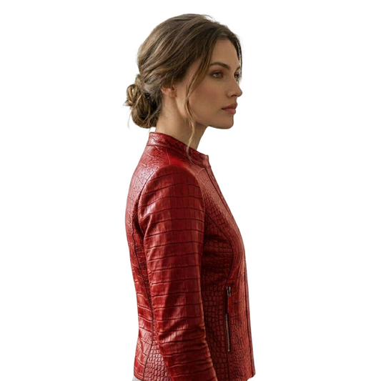  Side profile of luxury red crocodile leather moto jacket for women