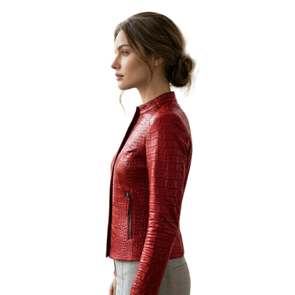  Side profile of luxury red crocodile leather moto jacket for women