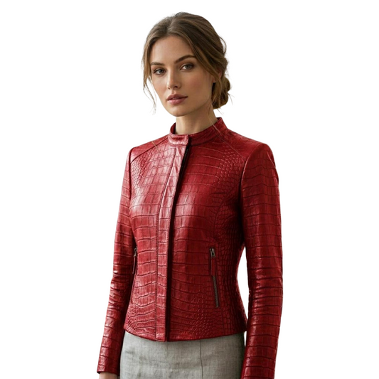  Front view of women red crocodile leather biker jacket in luxury moto style