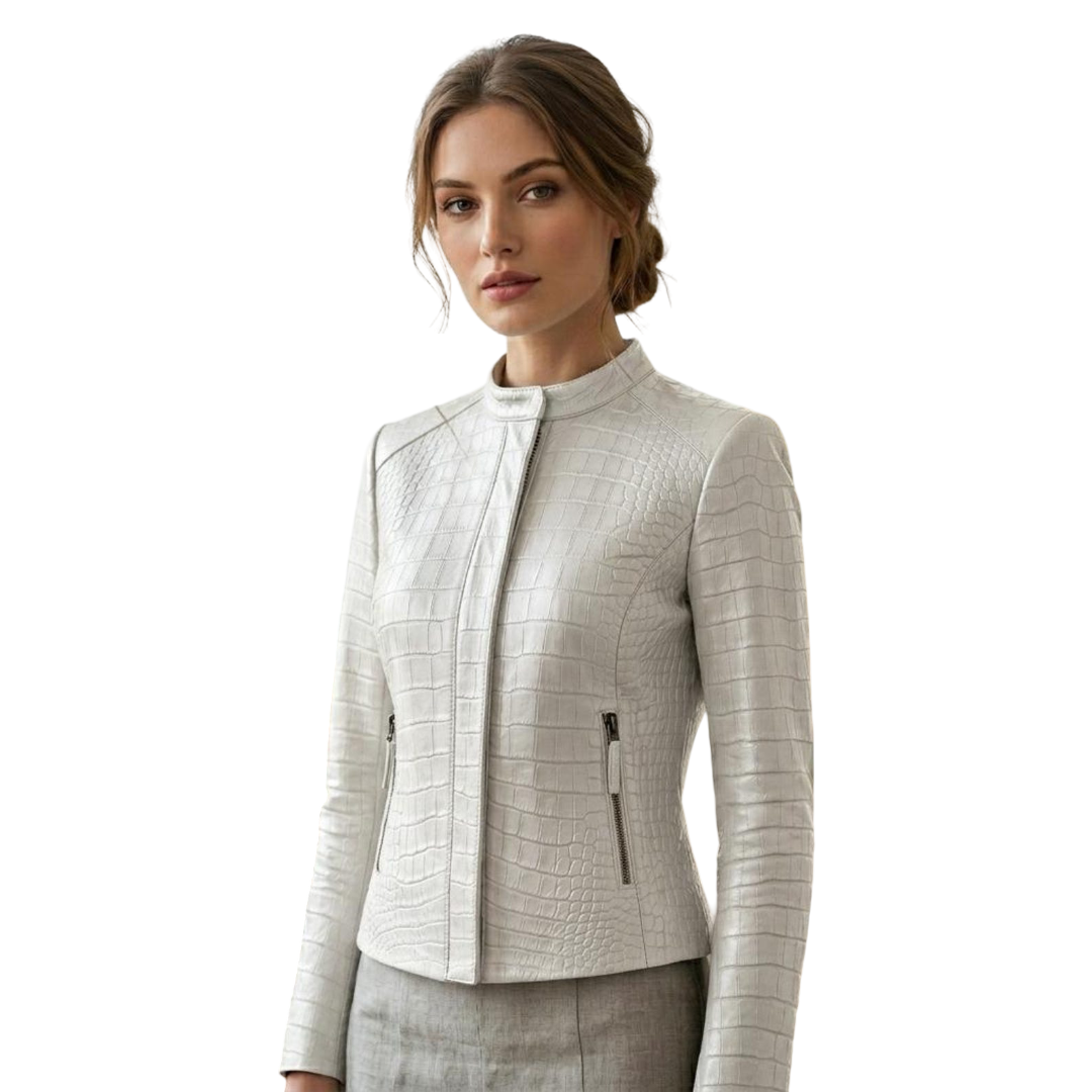 Front view of women white crocodile leather biker jacket with zip closure
