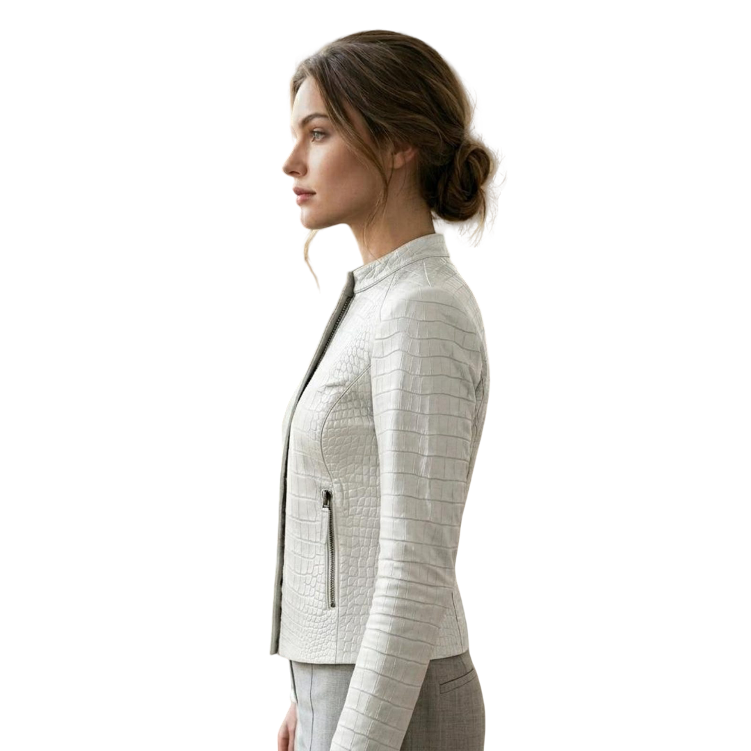 Side profile of luxury women white moto leather jacket