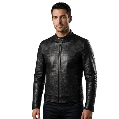 Front view of men black crocodile leather biker jacket with zip closure