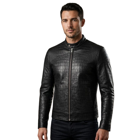  Front view of men black crocodile leather biker jacket with zip closure