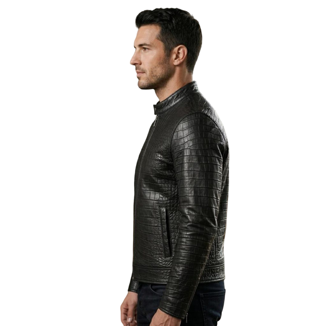 Side profile of black crocodile texture leather motorcycle coat for men
