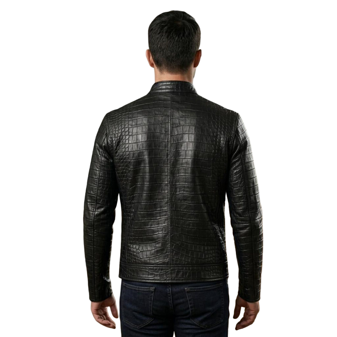 Back view of luxury men black crocodile leather biker jacket