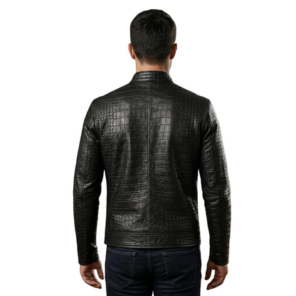 Back view of luxury men black crocodile leather biker jacket