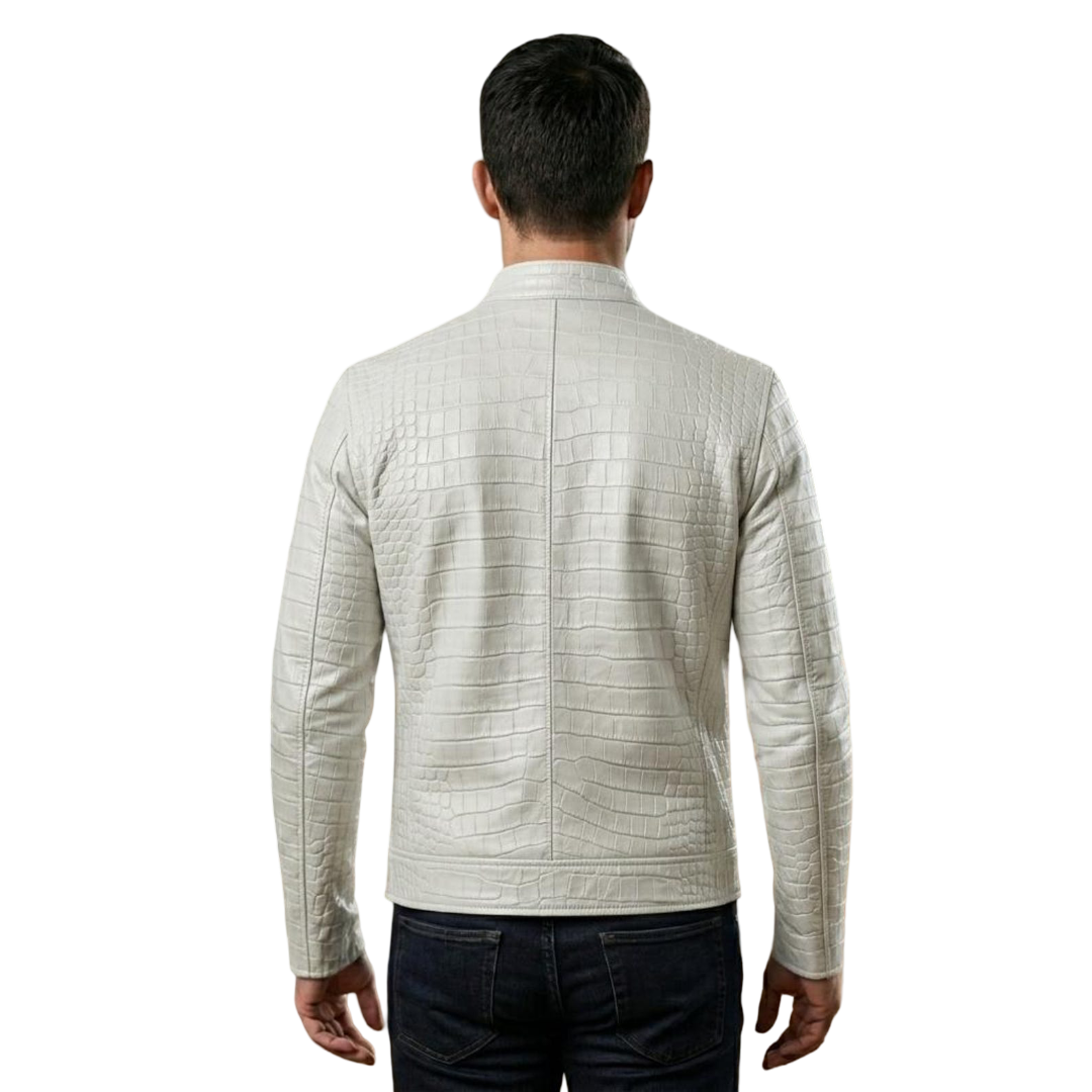  Back view of men designer white crocodile leather coat