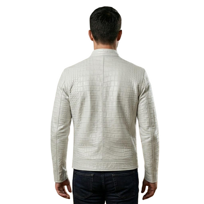  Back view of men designer white crocodile leather coat