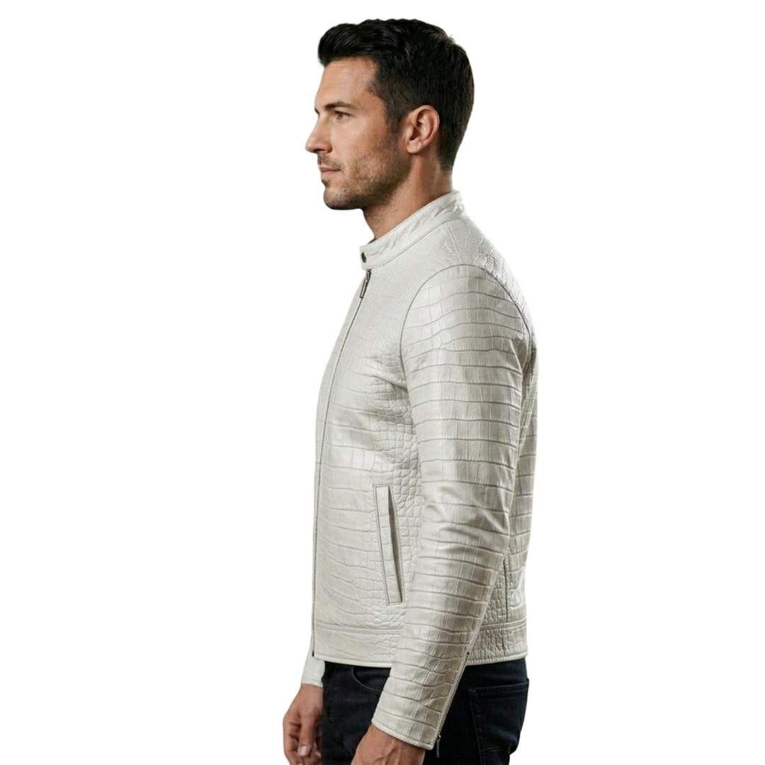 Side angle of luxury white croc leather biker jacket for men