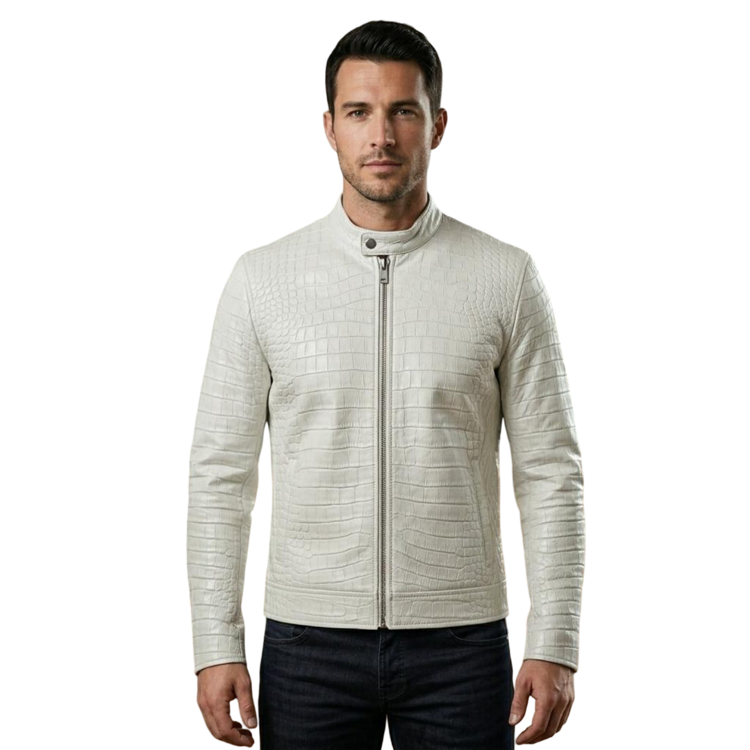 Front view of men white crocodile leather biker jacket with croc texture