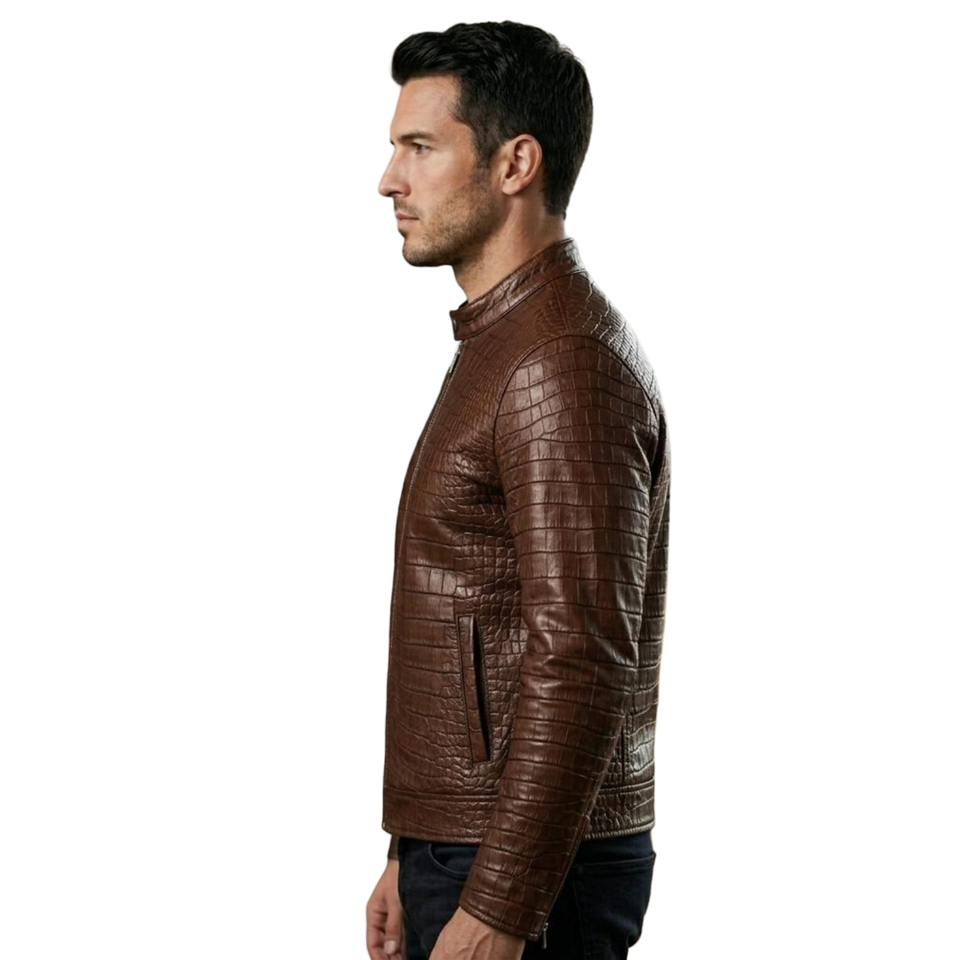  Side profile of brown crocodile leather motorcycle jacket for men