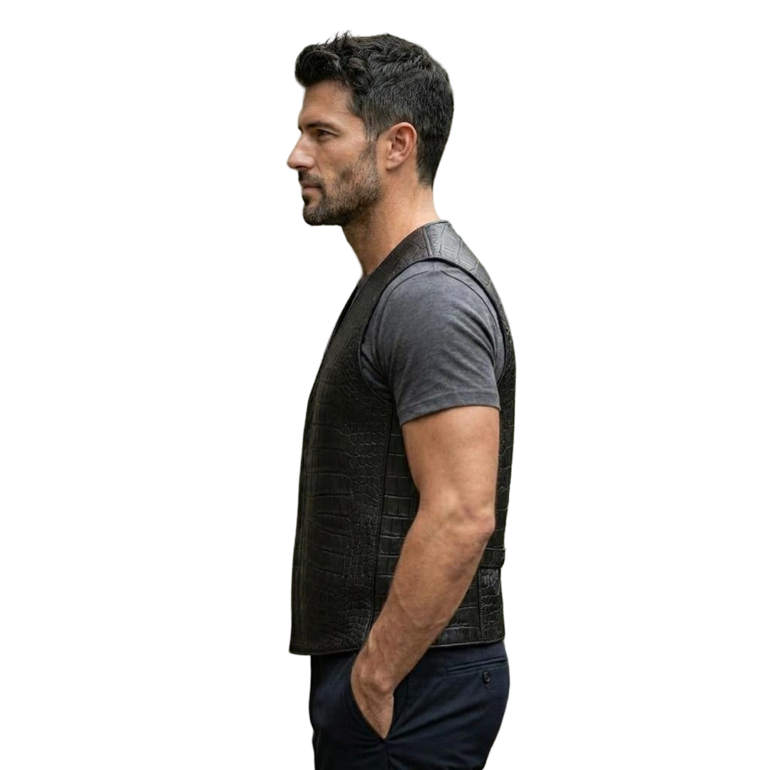 Side profile of men black crocodile leather vest for motorcycle riding