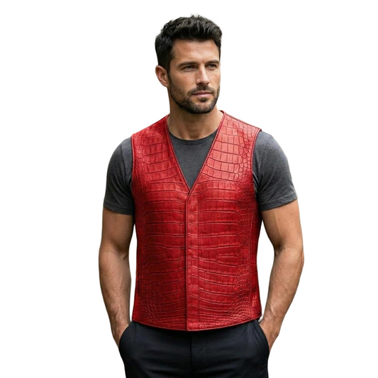 Front view of men red crocodile leather vest with luxury biker design
