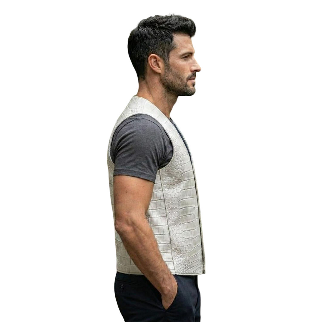  Side view of men luxury white leather waistcoat
