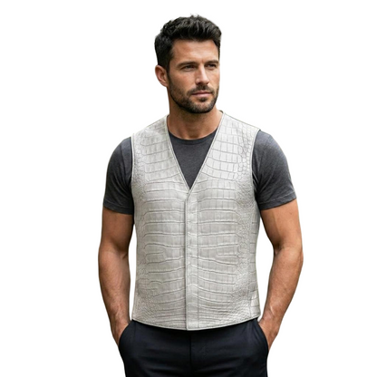  Front view of men white crocodile leather vest with button closure