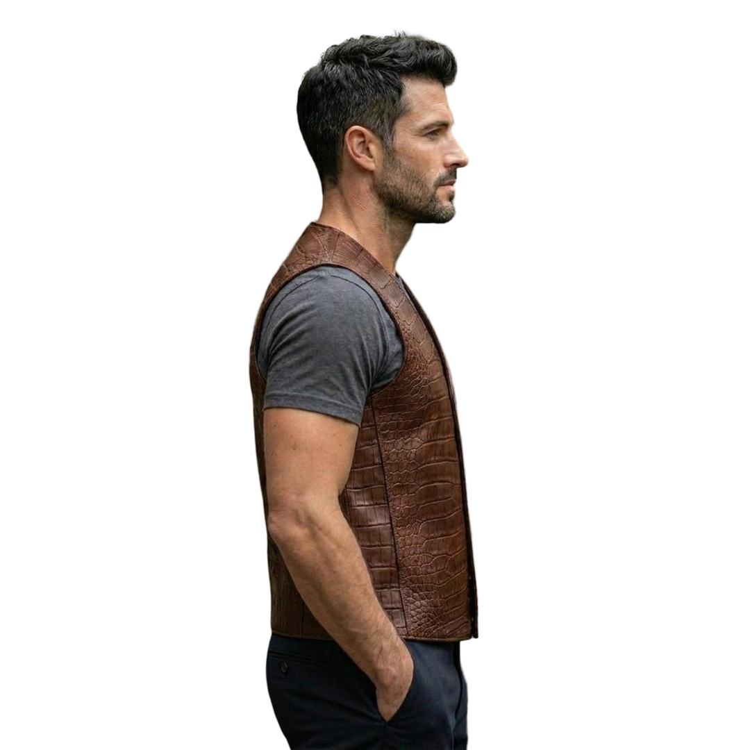 Side angle of brown luxury biker leather vest for men