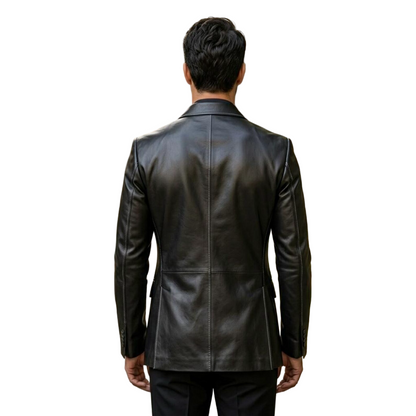 Back view of men luxury black leather blazer slim fit