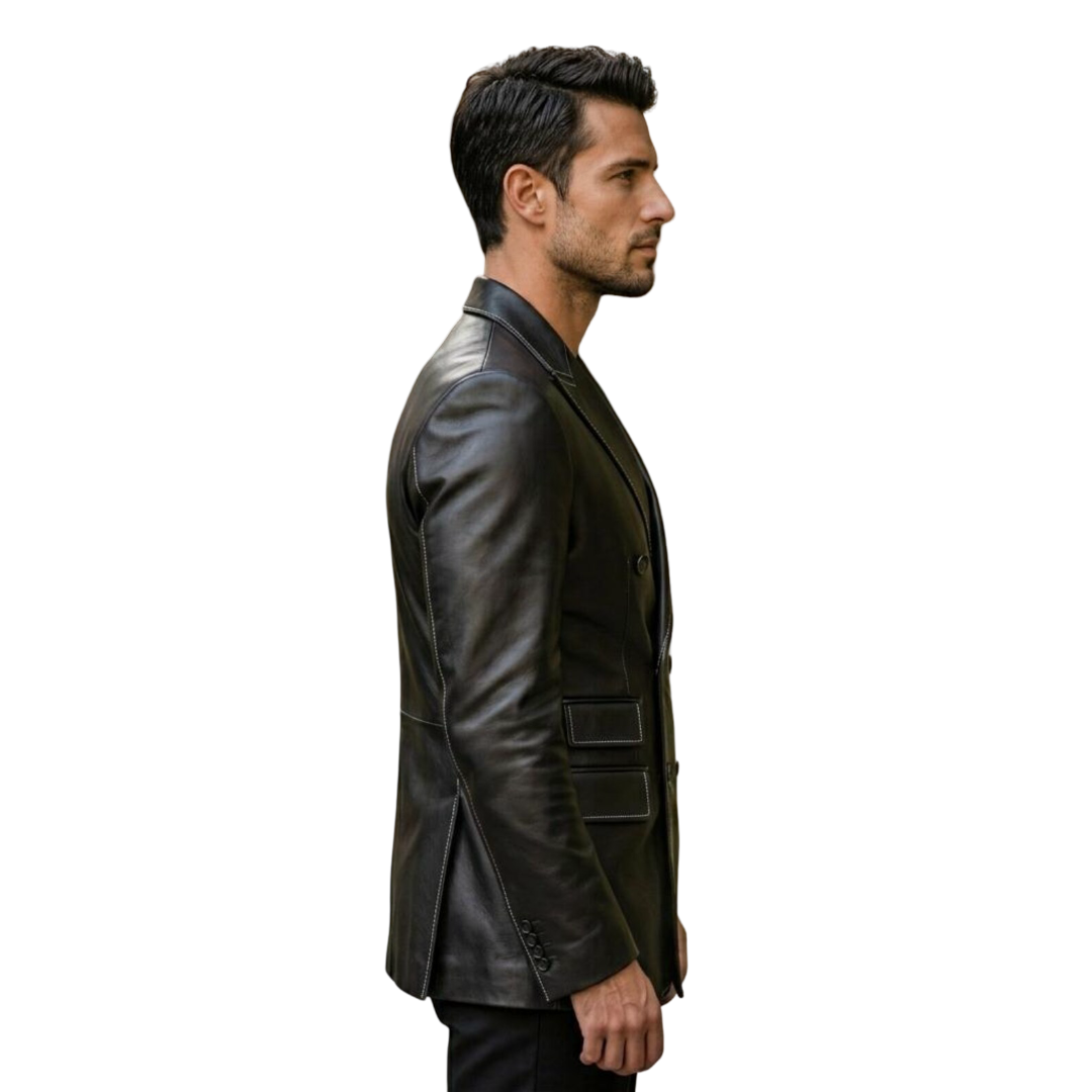 Men's leather blazer side profile showing tailored fit