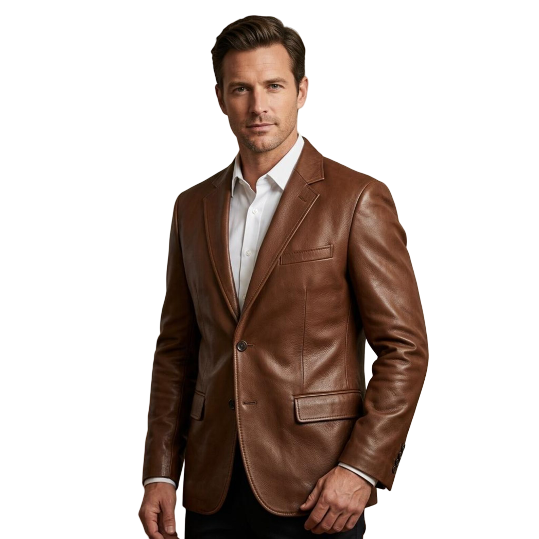 Front view of men brown leather blazer jacket with tailored vintage fit