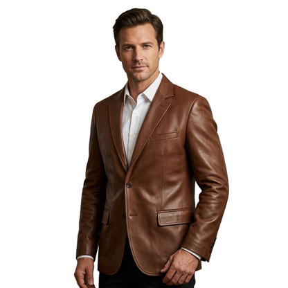 Front view of men brown leather blazer jacket with tailored vintage fit