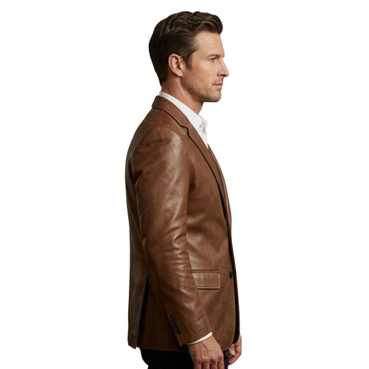 Side profile of brown leather sport coat for men in soft genuine leather