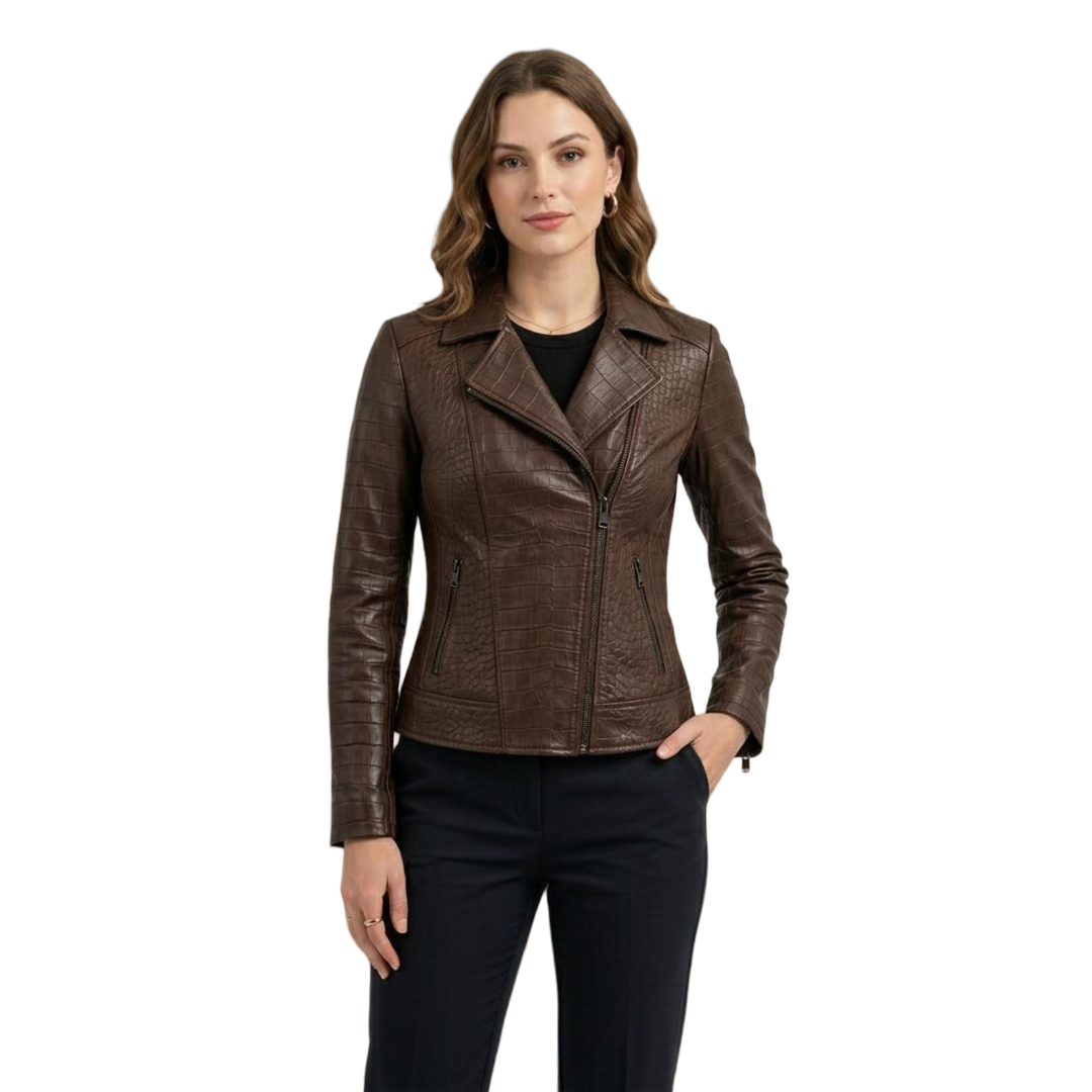 Front view of brown crocodile embossed leather moto jacket in fitted cropped biker style
