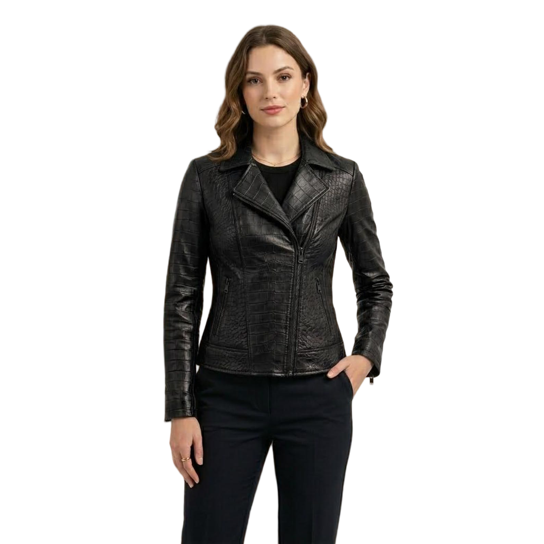 Front view of women black crocodile embossed leather moto jacket with fitted biker style
