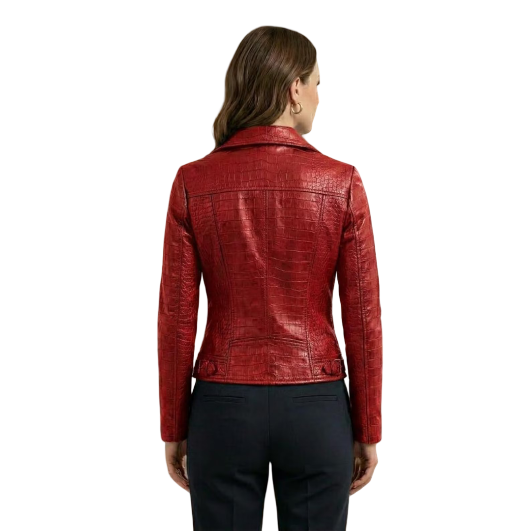 Back view of red crocodile embossed leather biker jacket for women