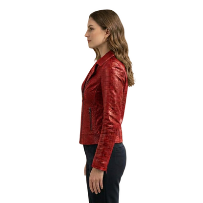 Side view of women red crocodile embossed leather moto jacket