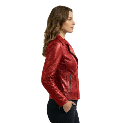 Side view of women red crocodile embossed leather moto jacket