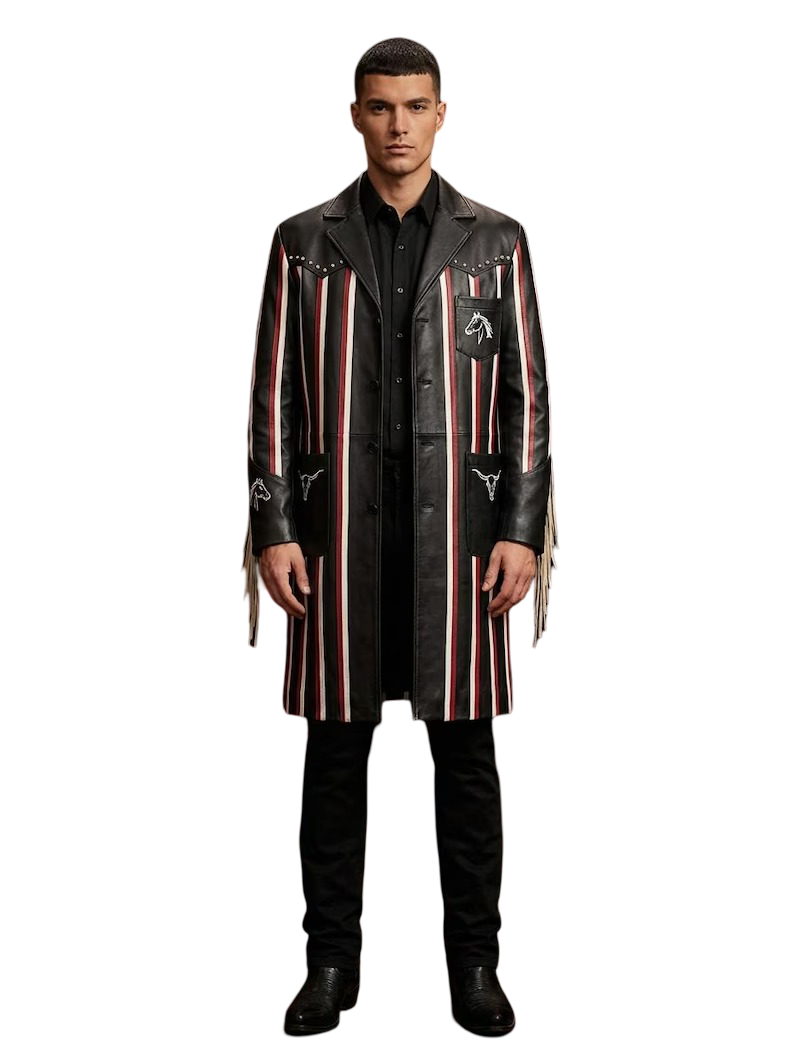  Front view of handmade gothic punk long coat with bull skull embroidery