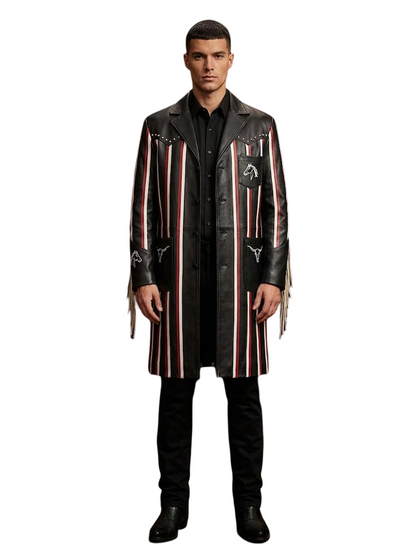  Front view of handmade gothic punk long coat with bull skull embroidery
