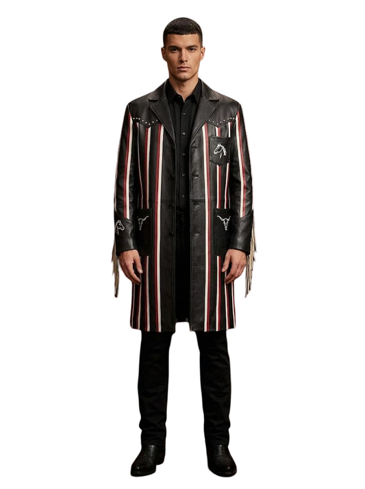  Front view of handmade gothic punk long coat with bull skull embroidery