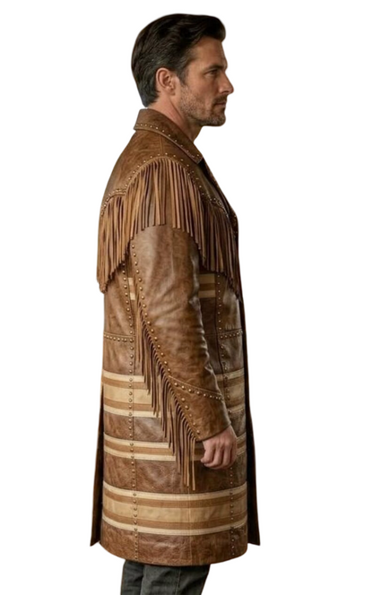 Side profile of rockabilly rodeo leather duster jacket
