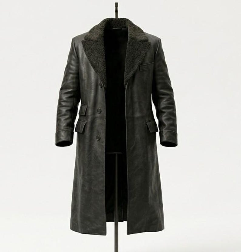  Front view of vintage black leather overcoat with fur collar for men