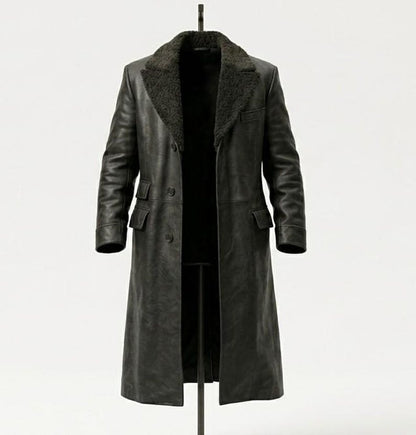  Front view of vintage black leather overcoat with fur collar for men