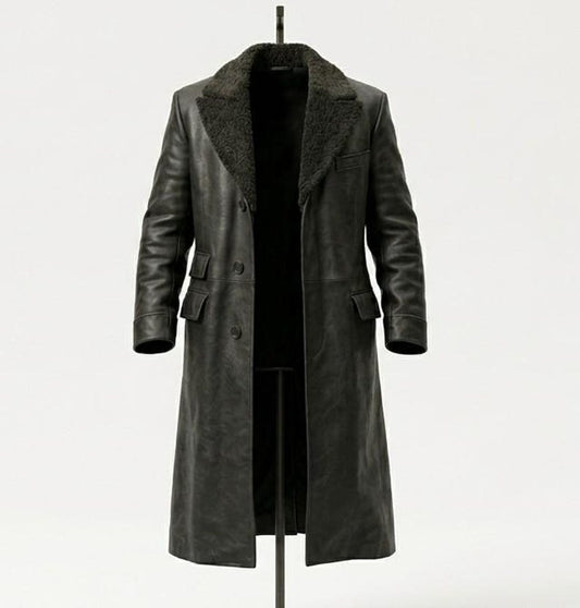  Front view of vintage black leather overcoat with fur collar for men