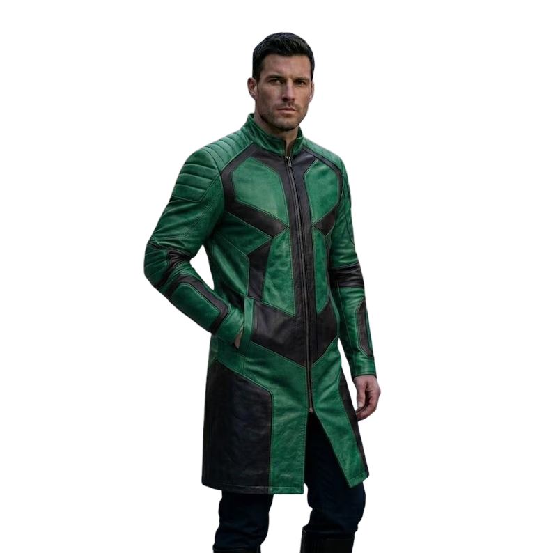 ront view of the mens green and black cyberpunk leather trench coat showing full length design