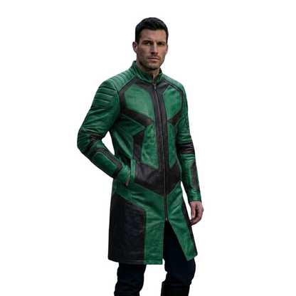 ront view of the mens green and black cyberpunk leather trench coat showing full length design