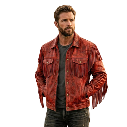 Front view of men red fringe leather jacket in western cowboy style
