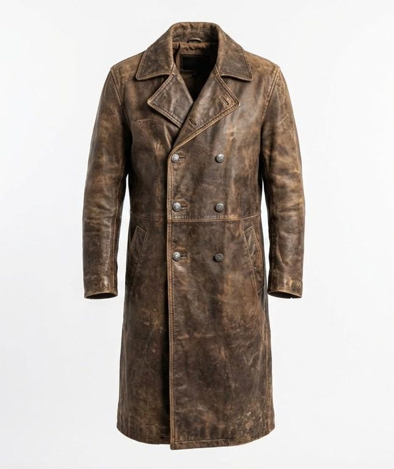 Front view of mens vintage distressed brown leather trench coat double breasted design
