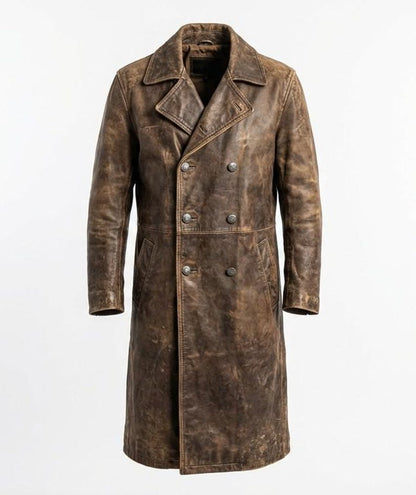 Front view of mens vintage distressed brown leather trench coat double breasted design