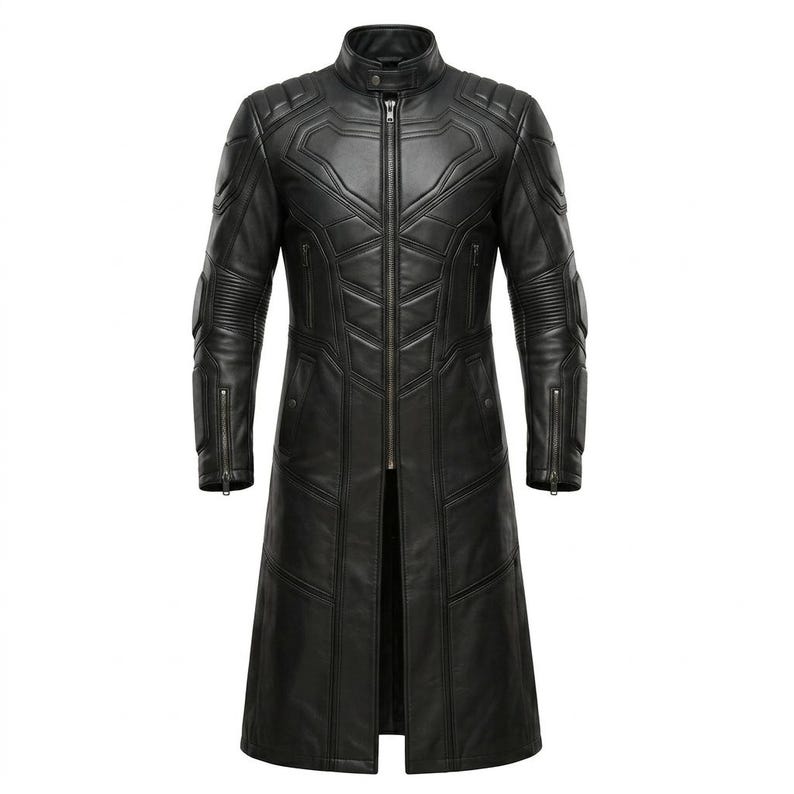 Front view of mens black leather superhero trench coat slim fit long design