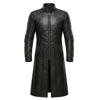 Front view of mens black leather superhero trench coat slim fit long design