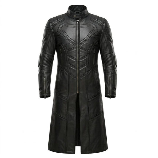 Front view of mens black leather superhero trench coat slim fit long design