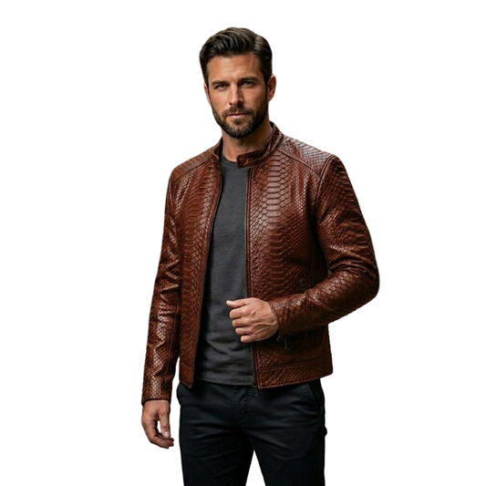 Front view of men brown exotic textured leather biker jacket with tailored fit
