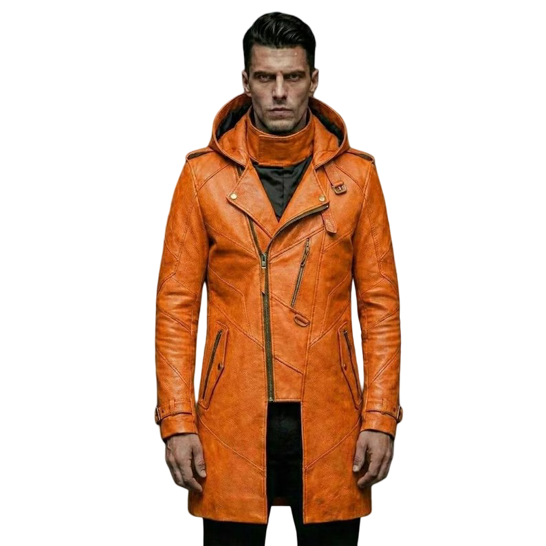 Front view of men orange leather biker trench coat hooded slim fit