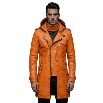 Front view of men orange leather biker trench coat hooded slim fit