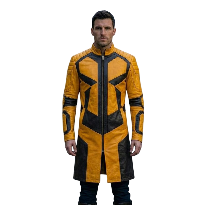  Front view of men yellow black leather trench coat in cyberpunk biker style